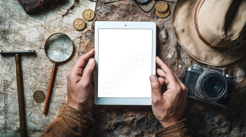 The archaeologist is working on a new project. The study of ancient history. Treasure excavation. Tablet mockup. A man holds a tablet with a white screen next to an old map, hat