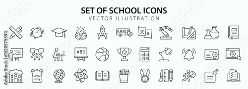 School set of web icons in linear style. Education and knowledge icons for web and mobile app. Back to school. Learning, classroom, students, online education. Vector illustration