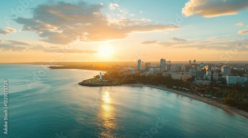 Sunset View of a Coastal City with a Lighthouse