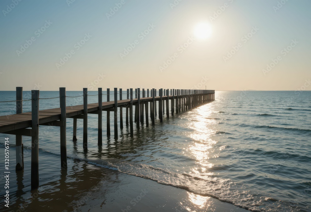 Fototapeta premium Serene Sunset Over Wooden Pier Extending Into Calm Ocean Waters