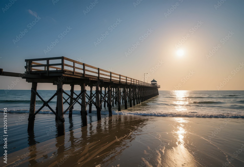 Fototapeta premium Serene Beach Pier at Sunset with Soft Waves and Calm Waters