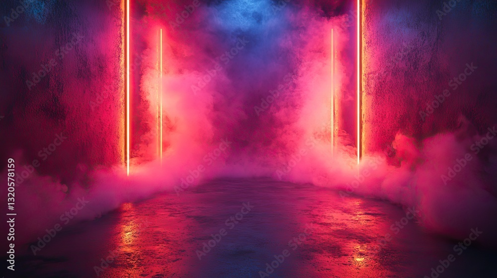 Fototapeta premium Blue and pink neon lights illuminate smoke in empty concrete room vibrant backdrop for products or designs.