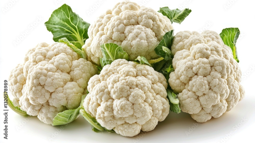 Four heads of fresh white cauliflower with green leaves are presented Four heads of fresh white cauliflower with green leaves are presented