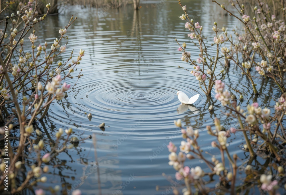 Naklejka premium Serene Reflection of Nature with Water Ripples and Blossoming Branches