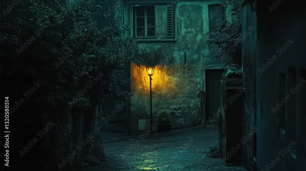 Obraz premium A lonely street at midnight, with shadows stretching long and a flickering streetlamp casting a dim glow 