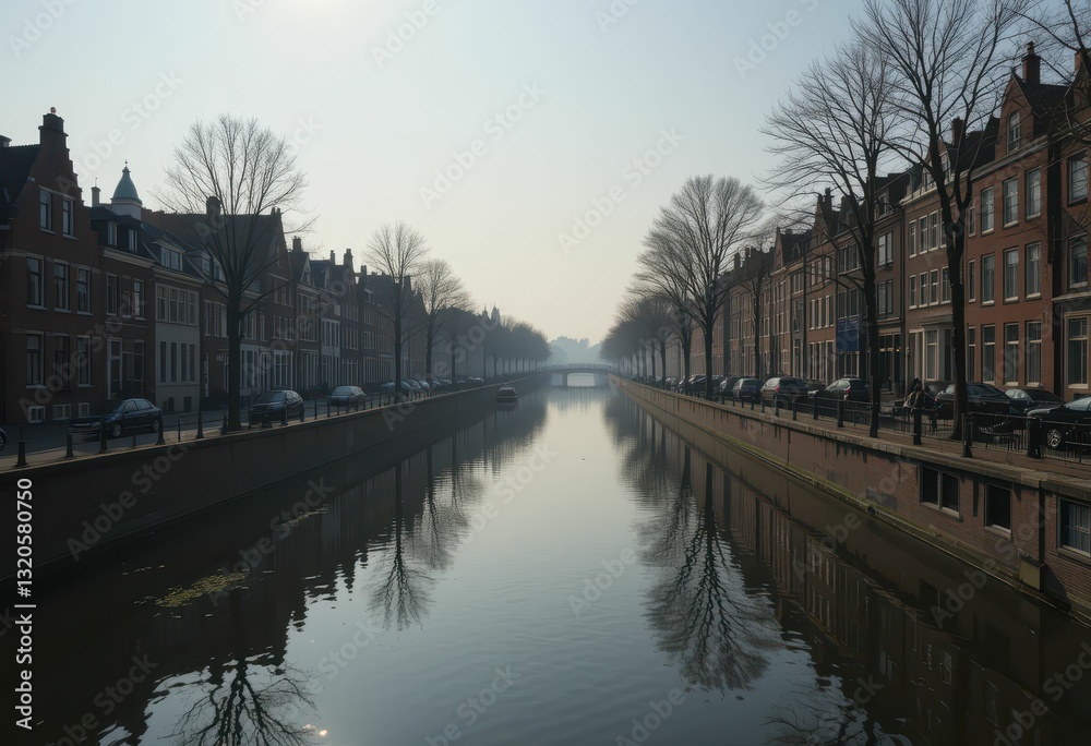 Obraz premium Serene Canal Reflections in Historic Dutch Architecture Under Mist