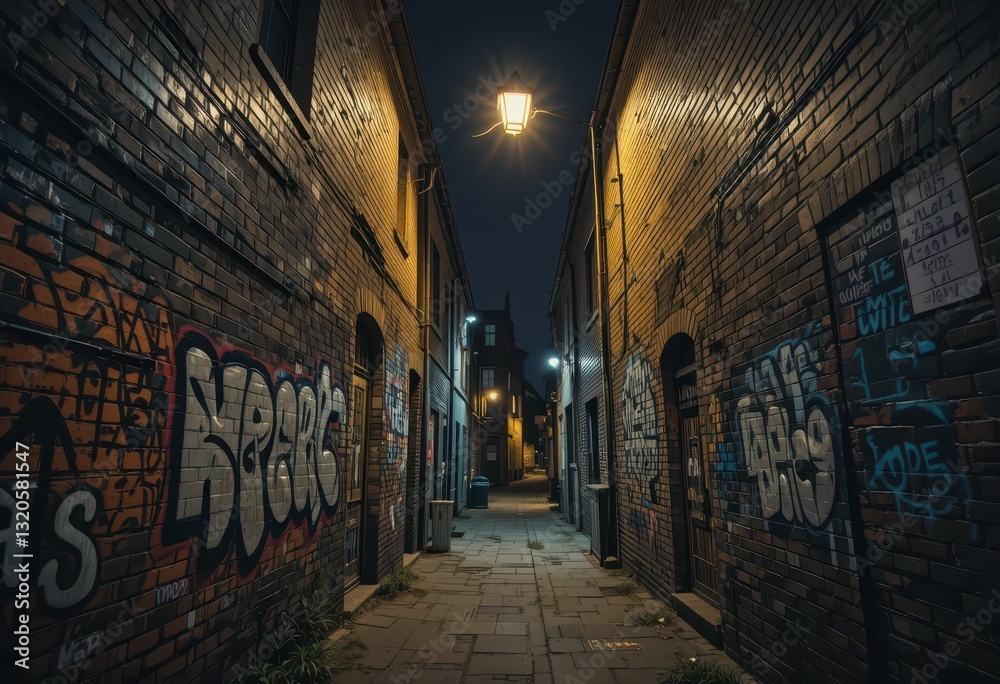 Fototapeta premium Urban alleyway at night with graffiti and warm street lighting