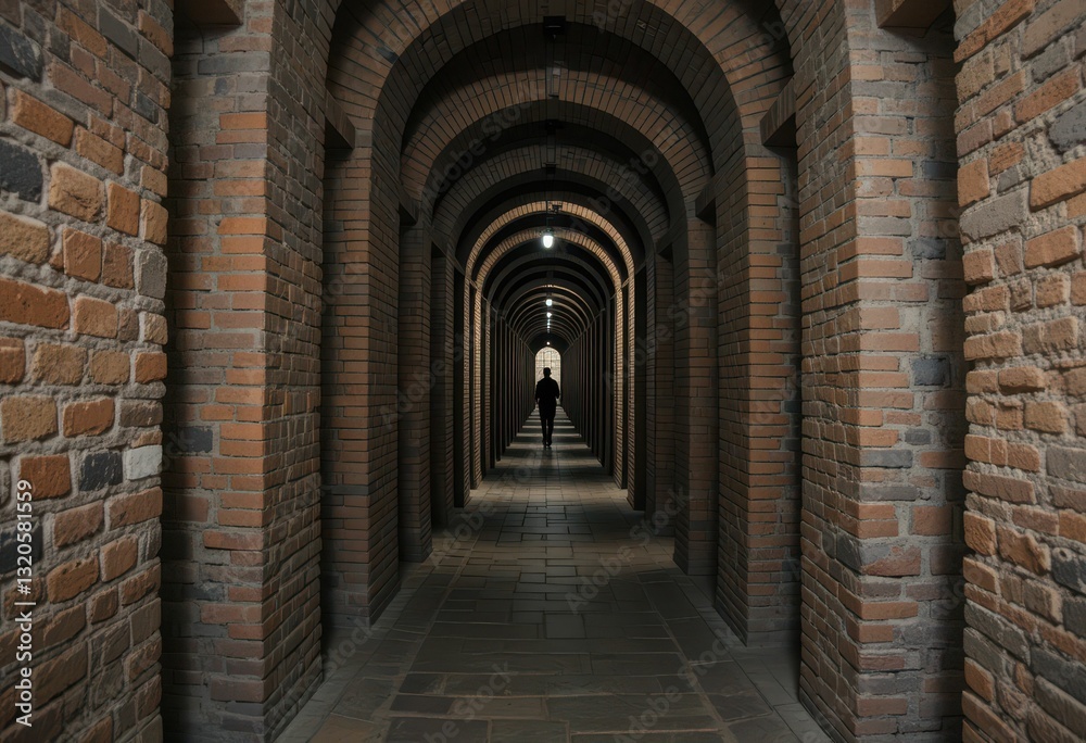 Serene Hallway with Arched Brick Columns and Dim Lighting Serene Hallway with Arched Brick Columns and Dim Lighting