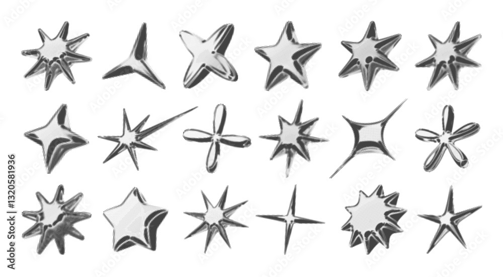 Y2k 3d chrome halftone stars shape retro abstract elements vector illustration set. Chrome silver 3d metallic halftone semitone retro effect collection. Y2k space various star retro futuristic shapes. Y2k 3d chrome halftone stars shape retro abstract elements vector illustration set. Chrome silver 3d metallic halftone semitone retro effect collection. Y2k space various star retro futuristic shapes.