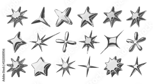 Y2k 3d chrome halftone stars shape retro abstract elements vector illustration set. Chrome silver 3d metallic halftone semitone retro effect collection. Y2k space various star retro futuristic shapes.