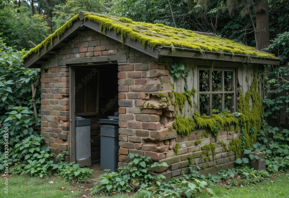Rustic Garden Shed Surrounded by Greenery and Mossy Vegetation Rustic Garden Shed Surrounded by Greenery and Mossy Vegetation