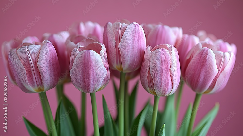 Fototapeta premium Bouquet of pink tulips on a pink background creates a spring romantic atmosphere for Valentine's Day, Mother's Day, or International Women's Day.