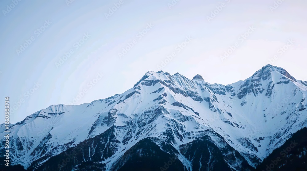 Obraz premium Capture the serene and majestic beauty of a snow-capped mountain landscape, with towering peaks glistening under a soft winter sun.