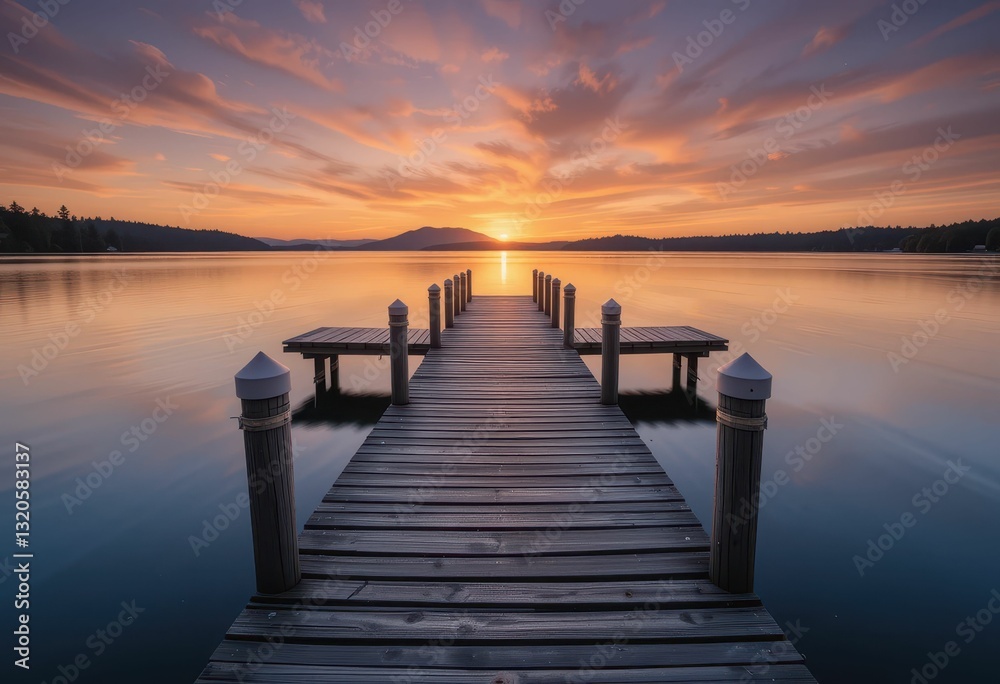 Serene Sunset Over Calm Waters from a Wooden Dock Near Mountains Serene Sunset Over Calm Waters from a Wooden Dock Near Mountains