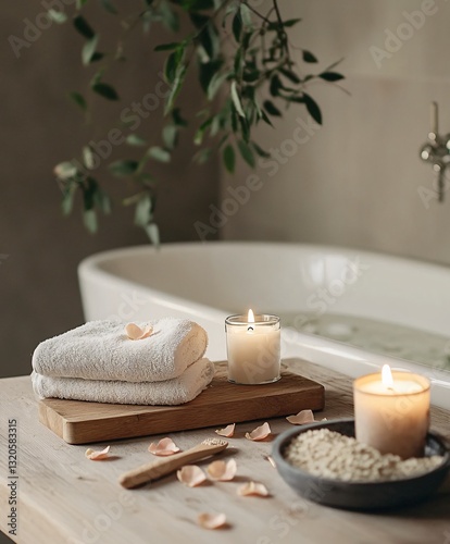 Relaxing Spa Bath with Fresh Rose Petals Home Bathroom Interior Design Tranquil Environment Aesthetic Viewpoint