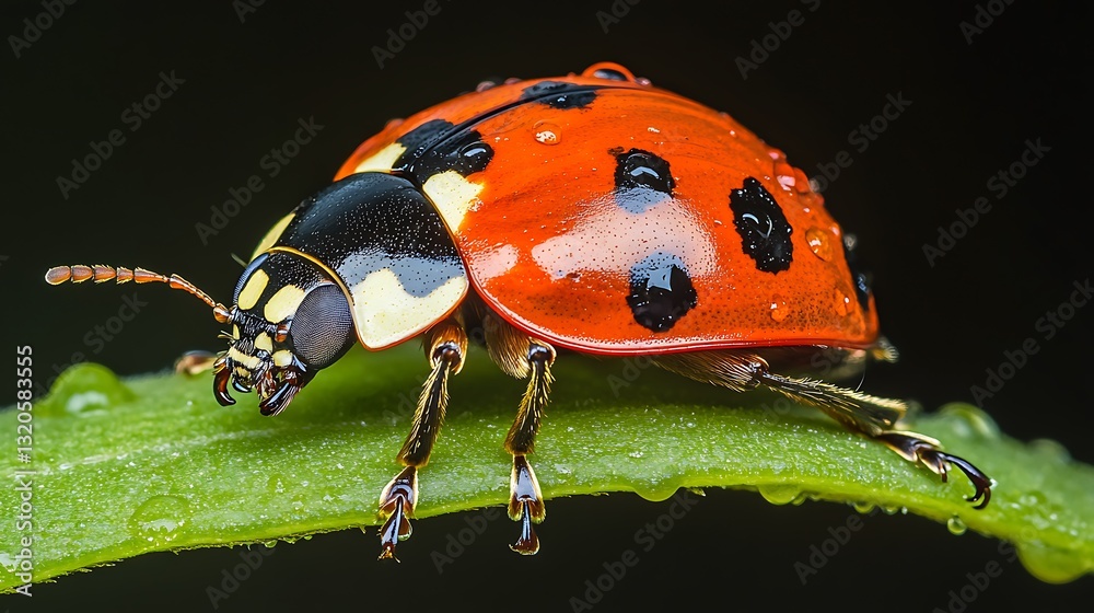 Obraz premium Ladybug on a Leaf with Water Droplets