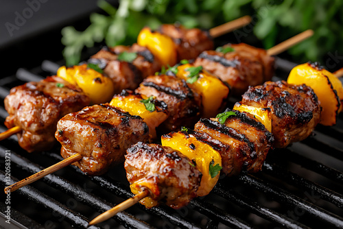 a close-up of shish kebabs on the grill,