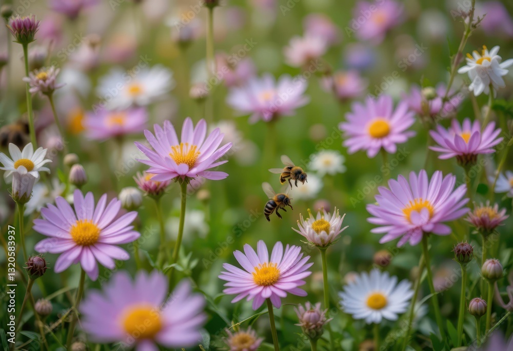 Bees Pollinating Colorful Flowers in a Lush Natural Field Bees Pollinating Colorful Flowers in a Lush Natural Field