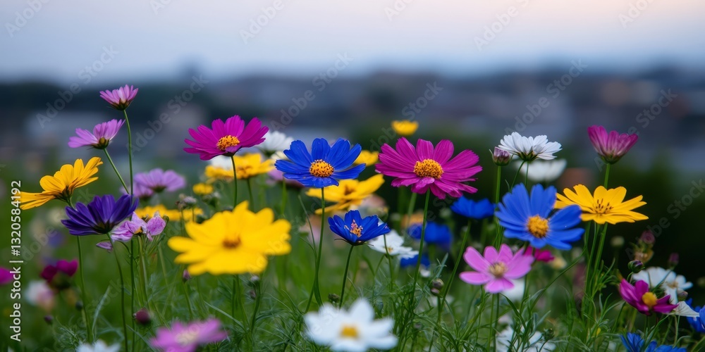 Fototapeta premium Colorful Cosmos Field with Cityscape Background