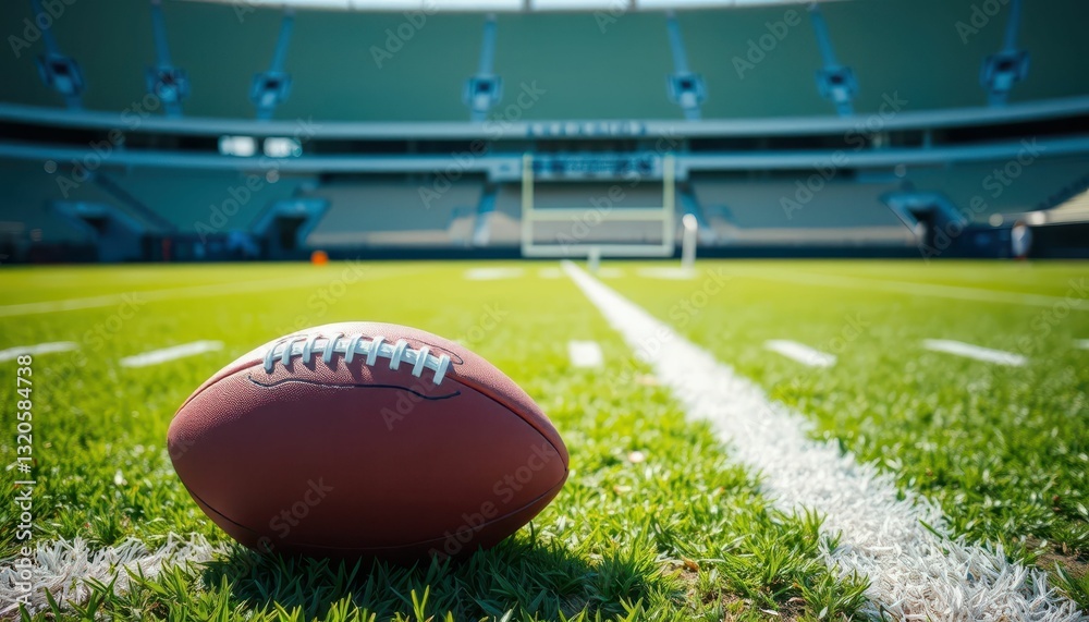 American Football on Turf Field Near Goalposts in Stadium American Football on Turf Field Near Goalposts in Stadium