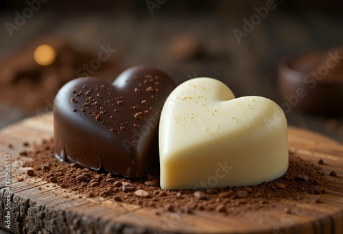 valentines day Dark and white chocolate hearts on wooden surface, dusted with cocoa powder. Ideal for romantic desserts, gourmet treats or food blogs