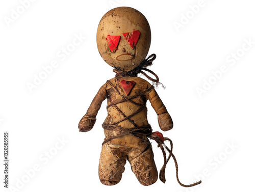 Voodoo Doll: A macabre artwork depicting a bound and distressed voodoo doll with red heart-shaped eyes and chest. photo