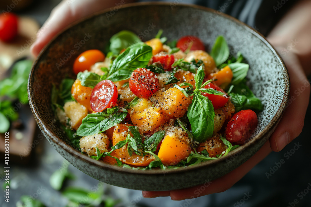 Fresh salad with tomatoes and basil in bowl