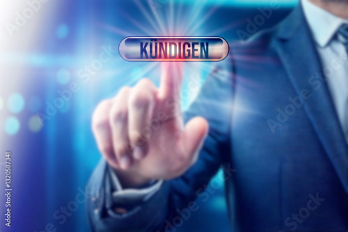 Ein Geschäftsmann im Anzug klickt auf Button Kündigen