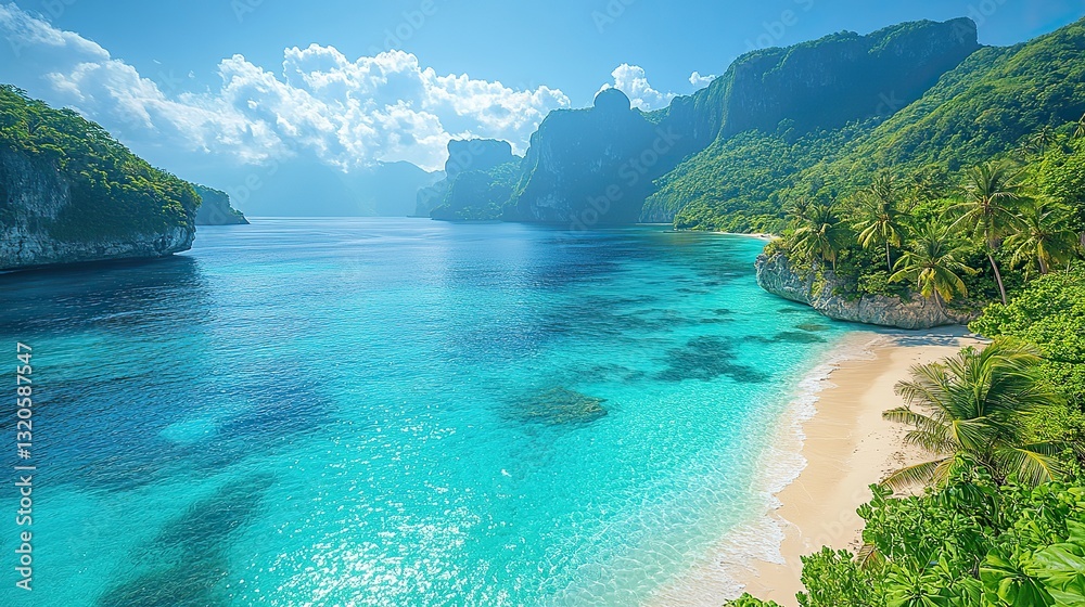 Fototapeta premium Breathtaking view of a tropical paradise with white sand beach, turquoise water, palm trees, and lush vegetation under a blue sky.