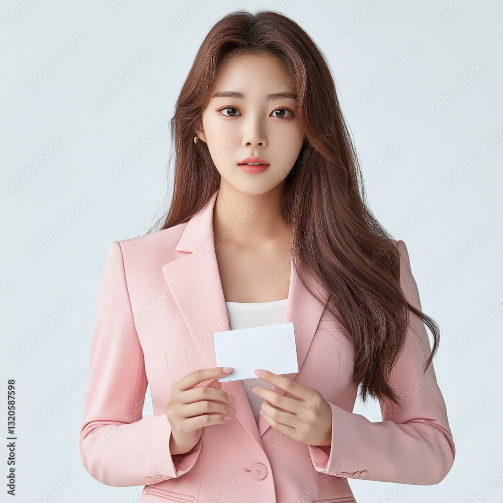 Smile Korean beauty young businesss woman pink casual suite holding business card, white background. Smile Korean beauty young businesss woman pink casual suite holding business card, white background.