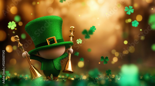 A charming little leprechaun dressed in green, celebrating with golden horns in a sparkling magical environment.

 photo