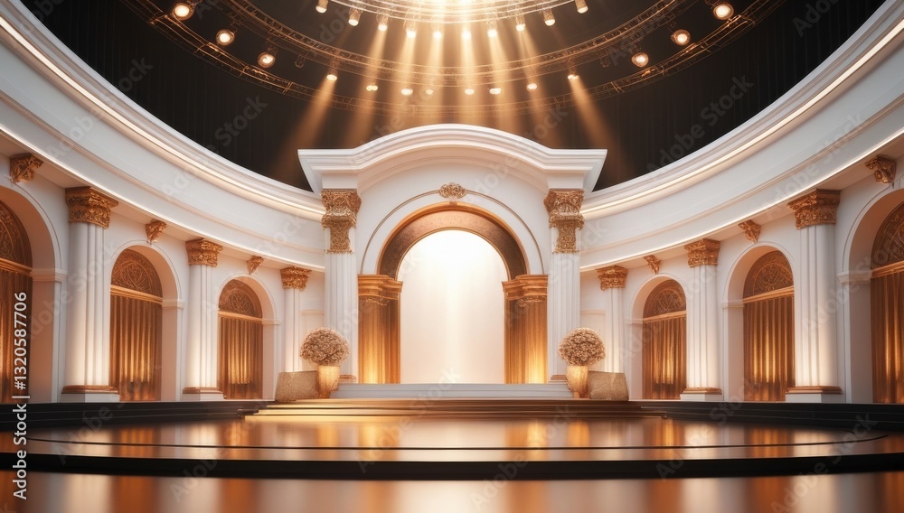 White golden ceremony award stage venue background.