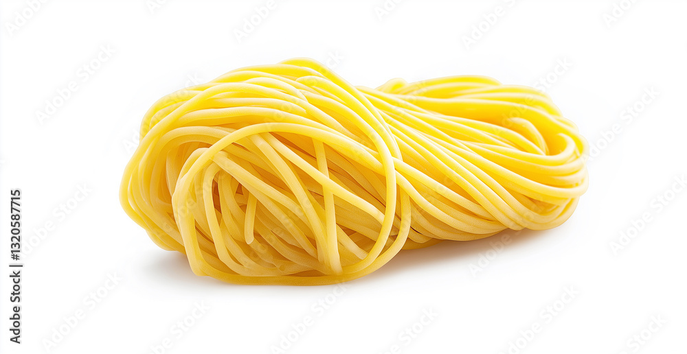 Noodles, isolated on a white background with a clipping path. A piece of yellow spaghetti pasta in a long, shaped pile or ball made from uncooked ramen noodles for cooking, a food photo. Noodles, isolated on a white background with a clipping path. A piece of yellow spaghetti pasta in a long, shaped pile or ball made from uncooked ramen noodles for cooking, a food photo.