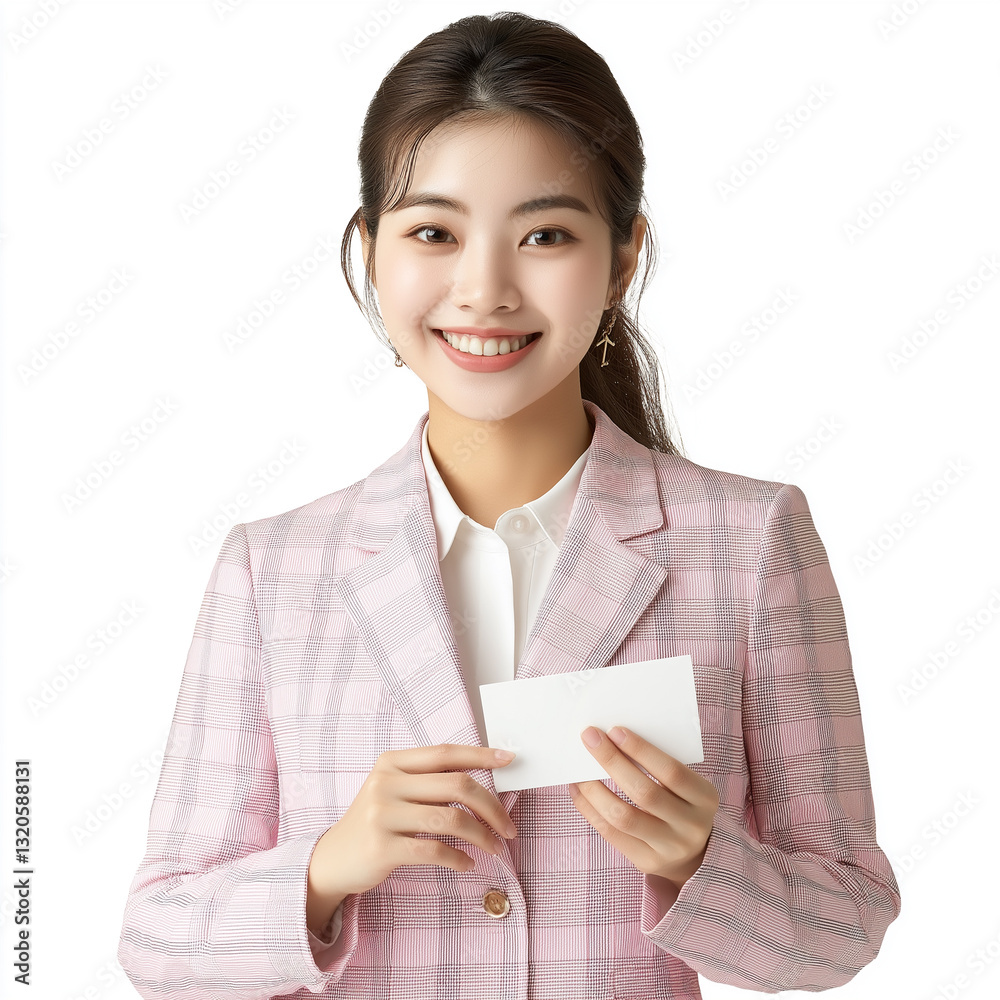 Smile Korean beauty young businesss woman check pattern soft pink casual suite holding business card, white background. Smile Korean beauty young businesss woman check pattern soft pink casual suite holding business card, white background.