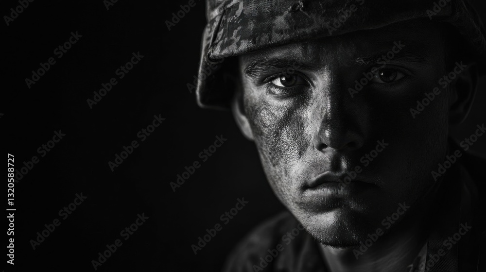 A soldier gazes intensely. A soldier gazes intensely.