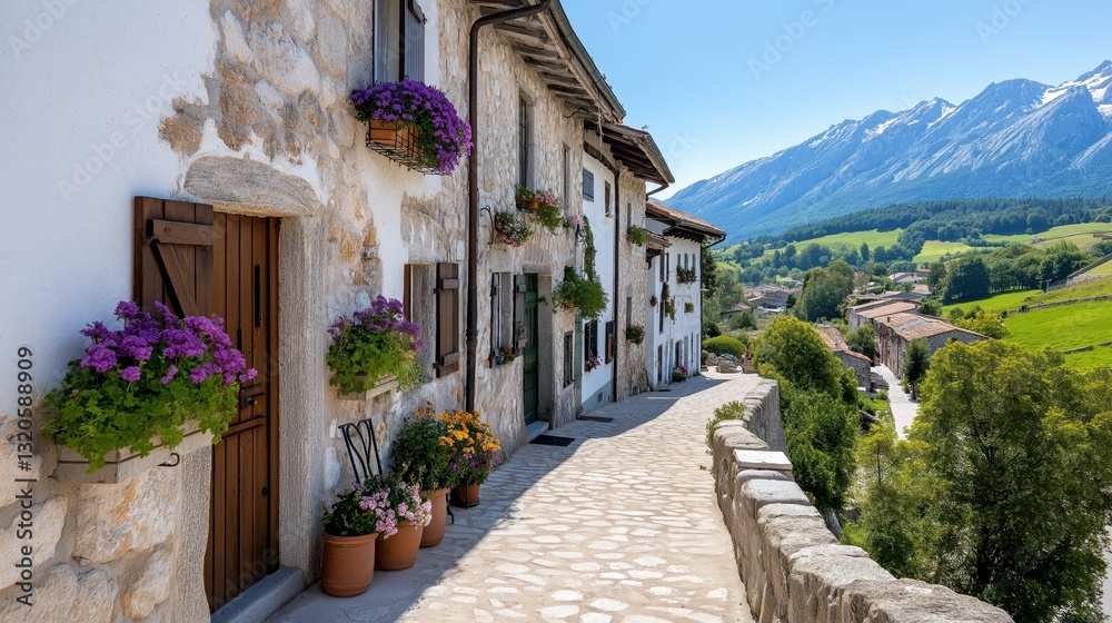 Naklejka premium Picturesque mountain village with winding streets and stunning Alpine view in the daytime