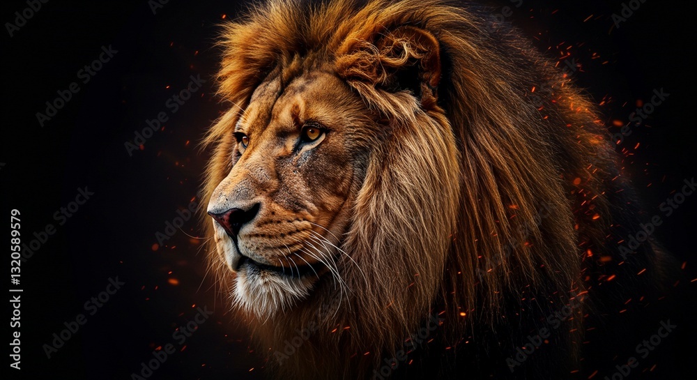 Naklejka premium Majestic Lion Portrait: Fiery Mane, Dark Background, Dramatic Art