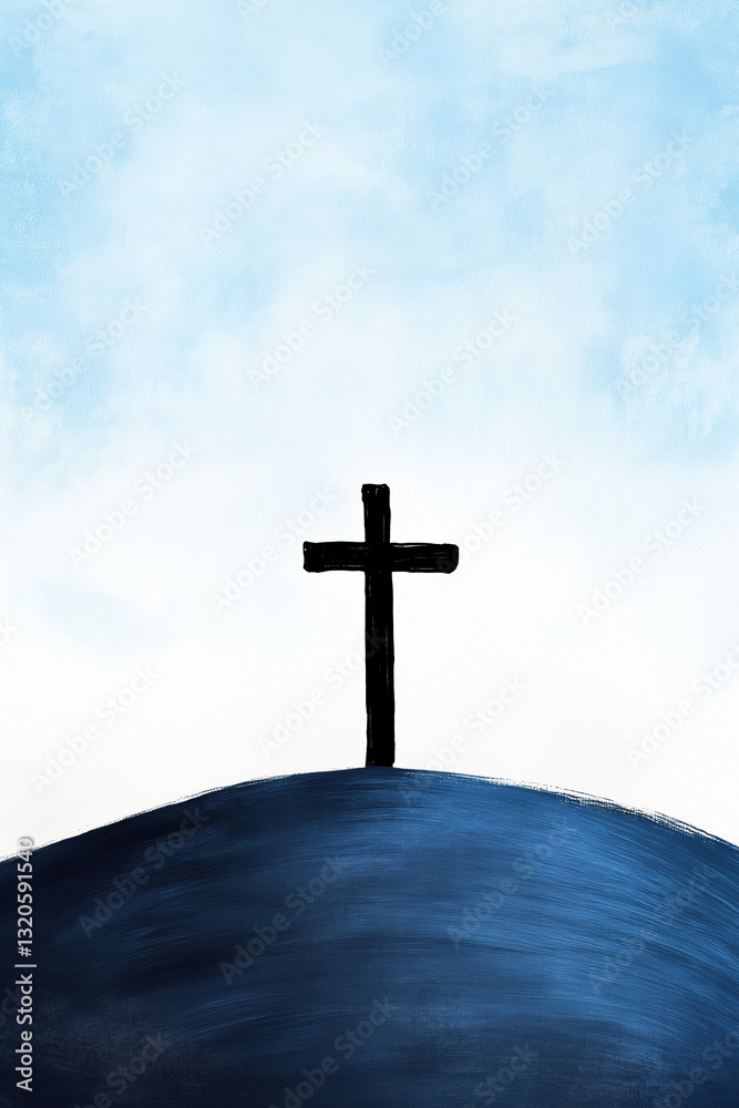 Minimalist digital painting of a black cross on a hill against a blue sky, symbolizing faith, sacrifice, hope, and Christian spirituality. .
