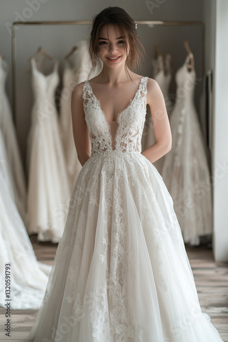 Photo Beautiful woman in full growth tries on a wedding dress in a wedding dress store photo