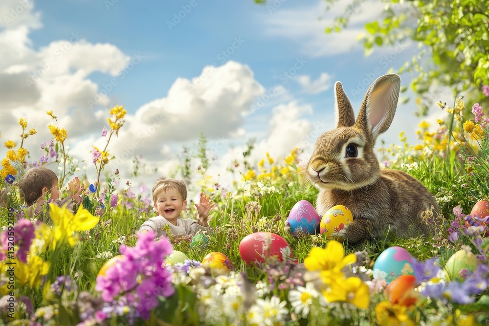 Fototapeta premium Happy Toddler Playing with Easter Bunny in a Colorful Wildflower Meadow