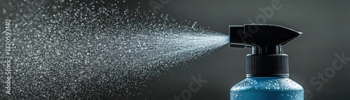 Close-up of a spray bottle dispensing a fine mist of liquid on a dark background.