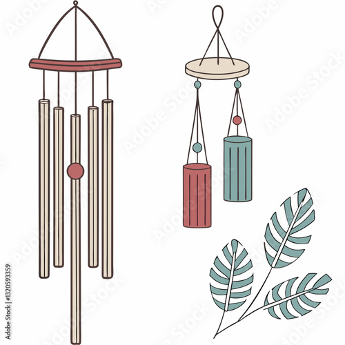 Artistic depiction of hanging wind chimes with botanical elements in soft hues