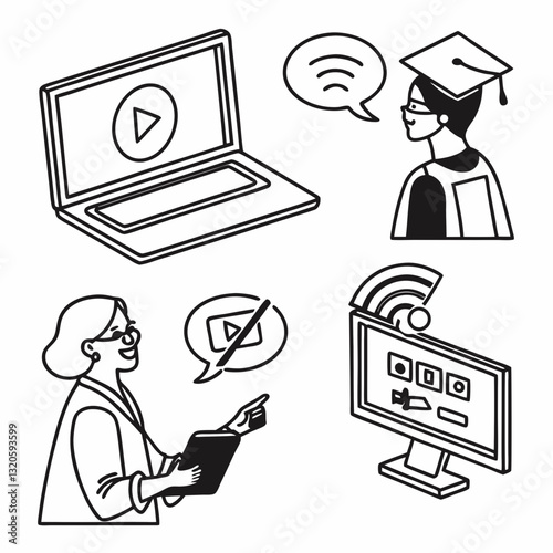 Online education concept with technology and communication tools illustration