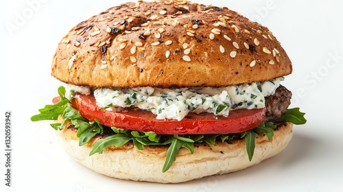 Gourmet Burger with Sesame Bun Tomato and Herb Cheese Filling