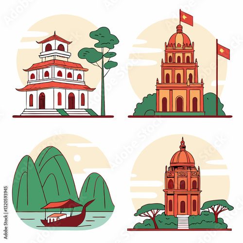 Captivating Illustrations of Vietnamese Architectural Landmarks and Sceneries Set