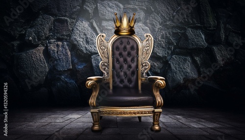 majestic dark throne with crown medieval royal chair stone background