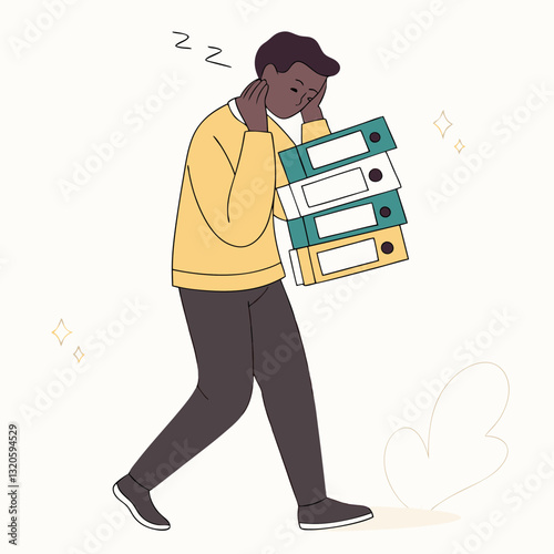 Overwhelmed employee carrying heavy paperwork experiencing exhaustion and burnout
