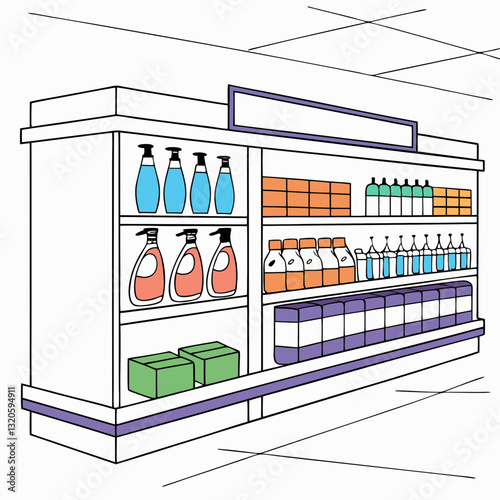 Retail shelf illustration brimming with colorful merchandise in a store