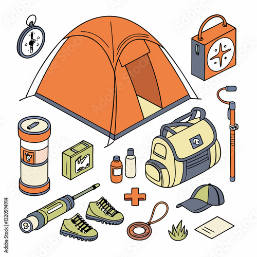 Isometric camping gear and adventure equipment for wilderness exploration