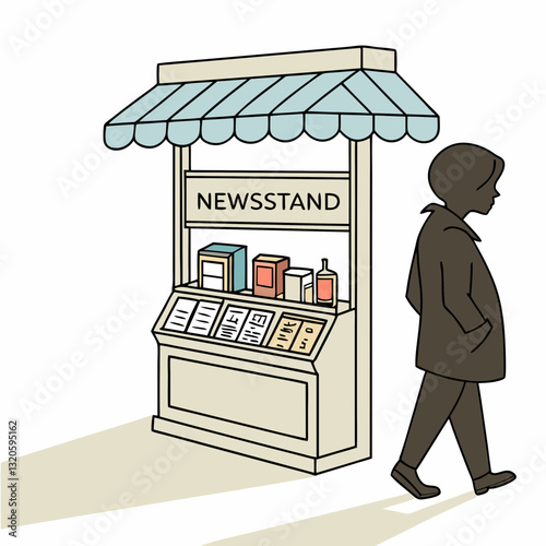 Stylized illustration of a newsstand with a person passing by in brown tones